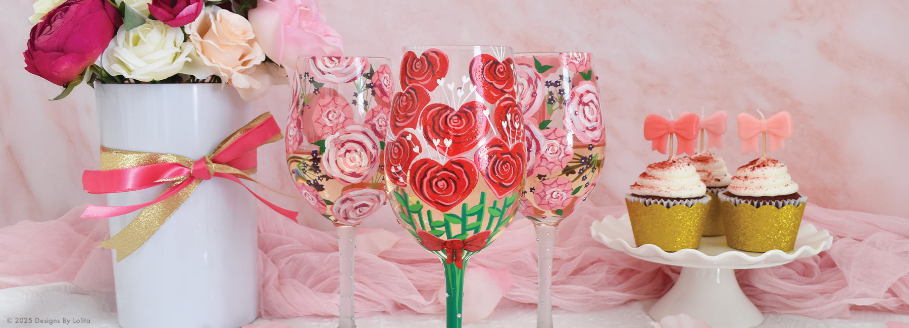Vase with roses, glass, and cupcakes