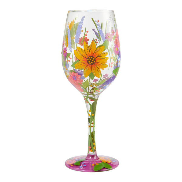 Cute Artisan Hand Painted Dandelion Stem 16 oz Wine Glass 8.5 tall.