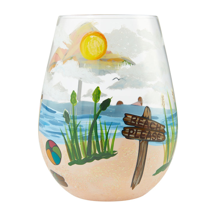 Beach Please Hand-Painted Stemless Wine Glass, 20 oz.