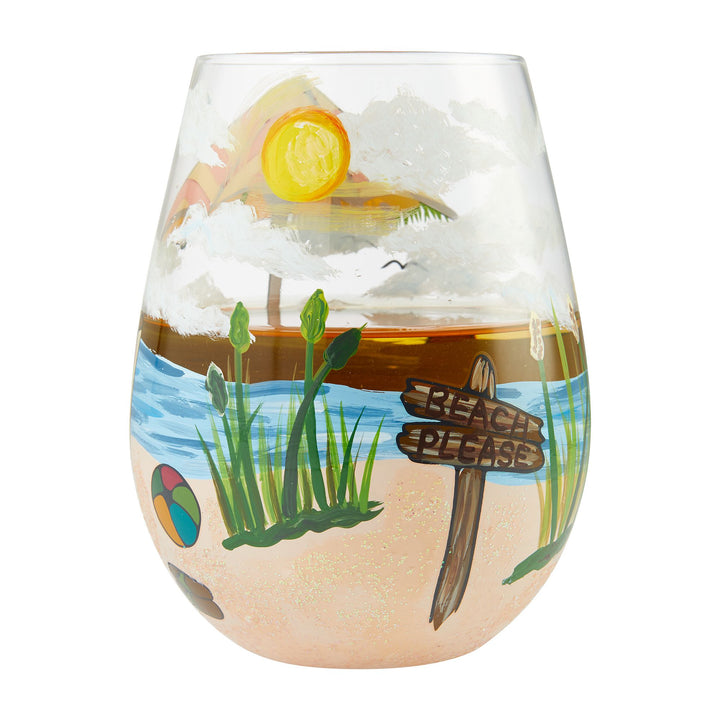 Beach Please Hand-Painted Stemless Wine Glass, 20 oz.