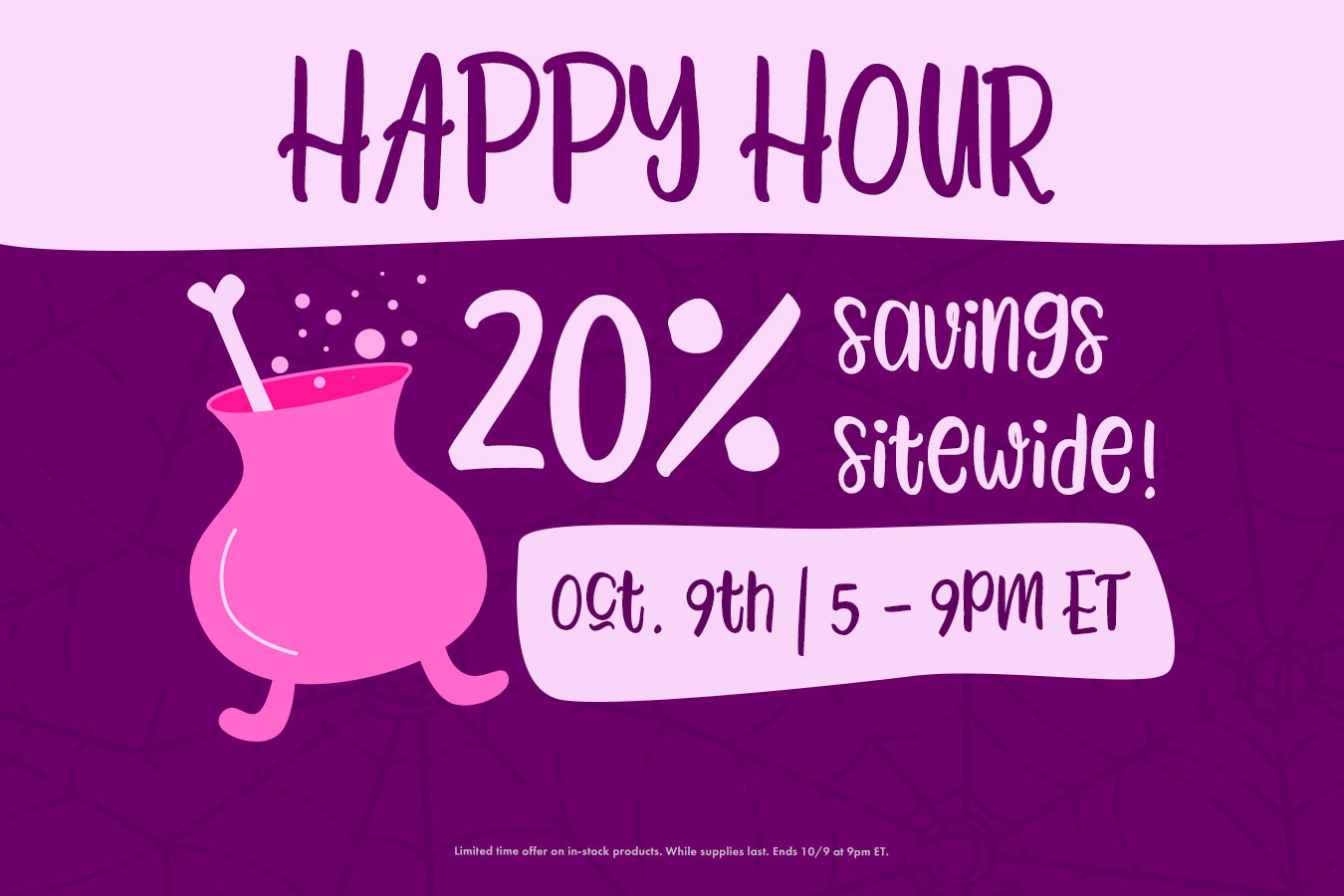 Promotional graphic for a 20% savings event with a pink cauldron illustration on a purple background.