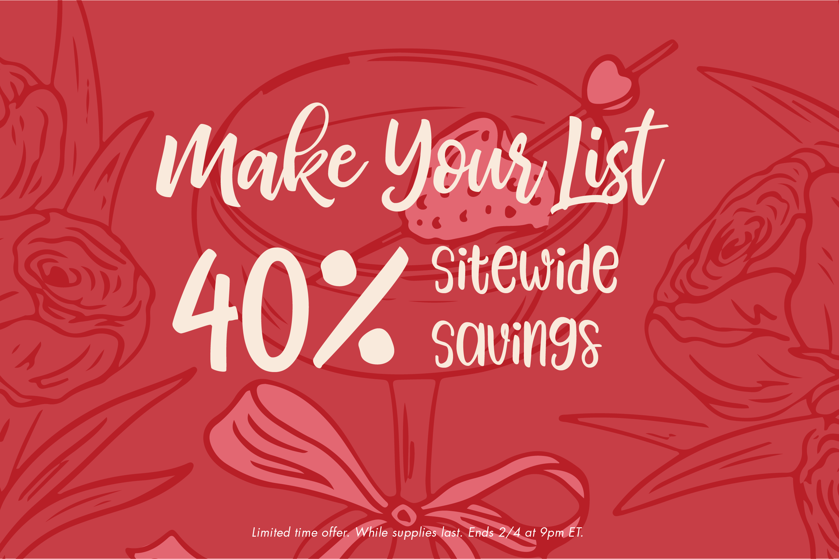 Promotional graphic with floral design and text about site-wide savings on a red background