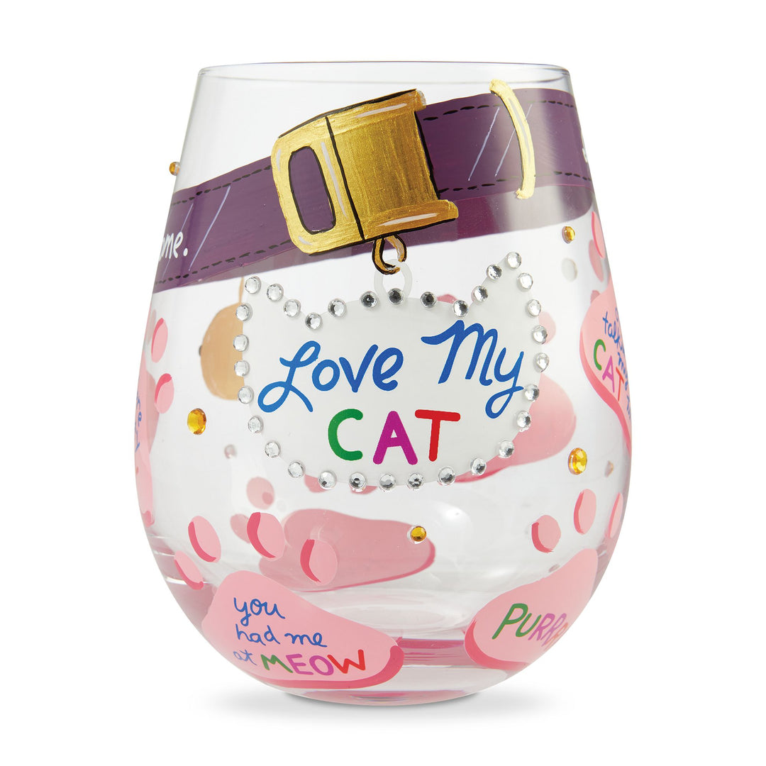 Funny Cat Wine Glass - "I Work Hard So My Cat" Saying - 15oz Stemless Glass For Cat Lovers
