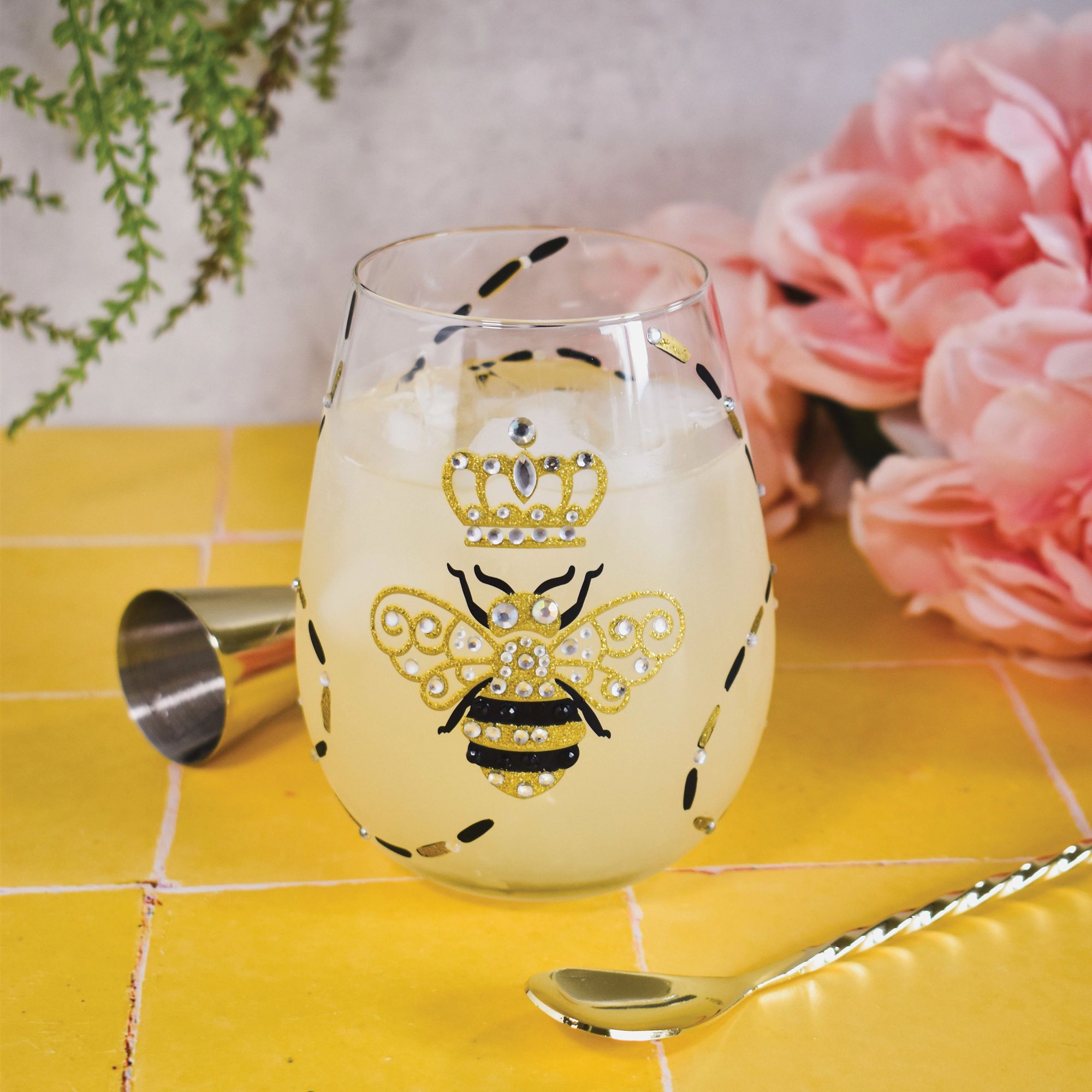 Bedazzled Bee Wine Glasses, Bee Stemless Wine Glasses