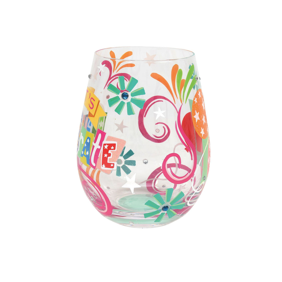 Let's Celebrate Hand Painted stemless wine glass