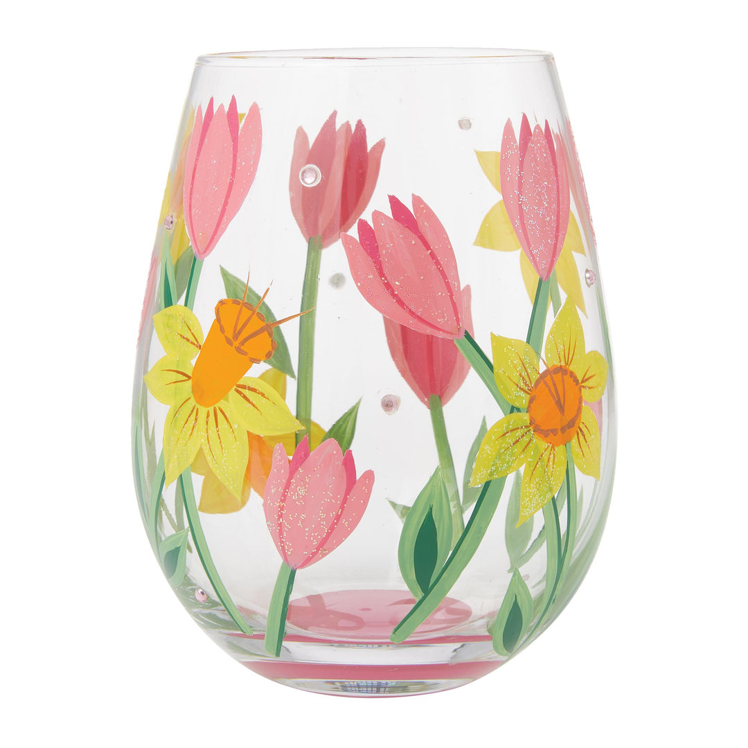 Spring Bloom Hand Painted Stemless Wine Glass