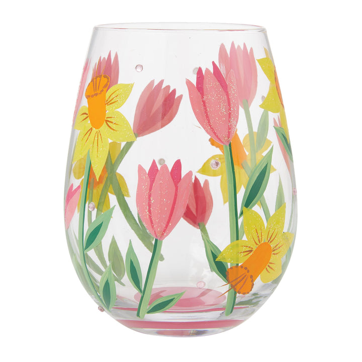 Spring Bloom Hand Painted Stemless Wine Glass