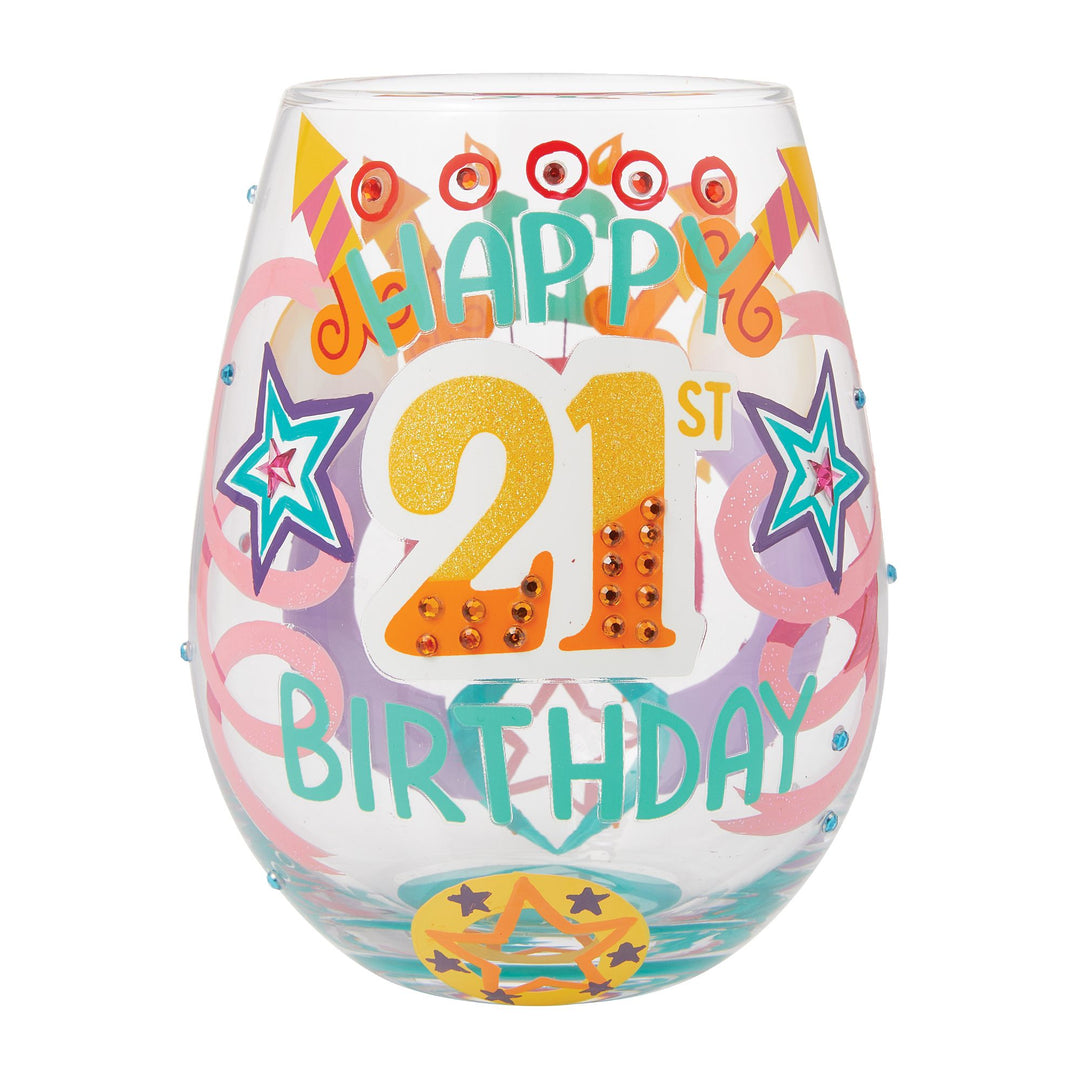 Happy 21st Birthday Hand Painted Stemless Wine Glass