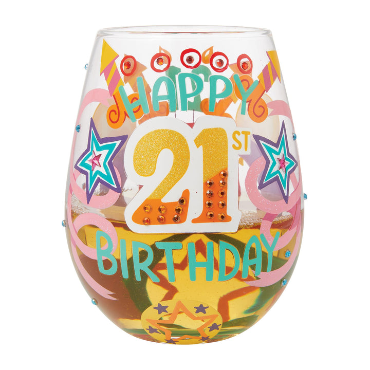 Happy 21st Birthday Hand Painted Stemless Wine Glass