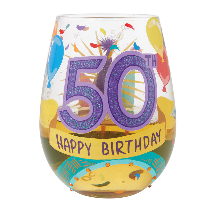 Happy 50th Birthday Hand Painted Stemless Wine Glass