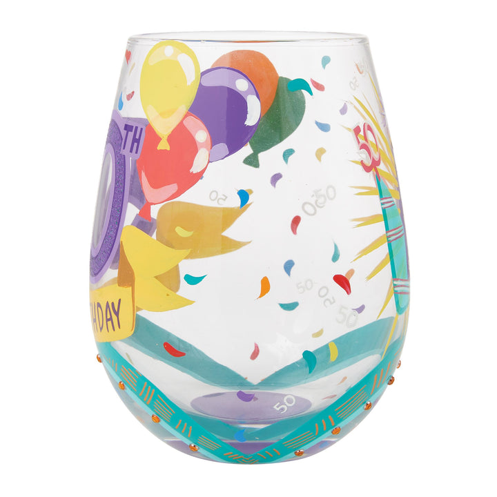 Happy 50th Birthday Hand Painted Stemless Wine Glass