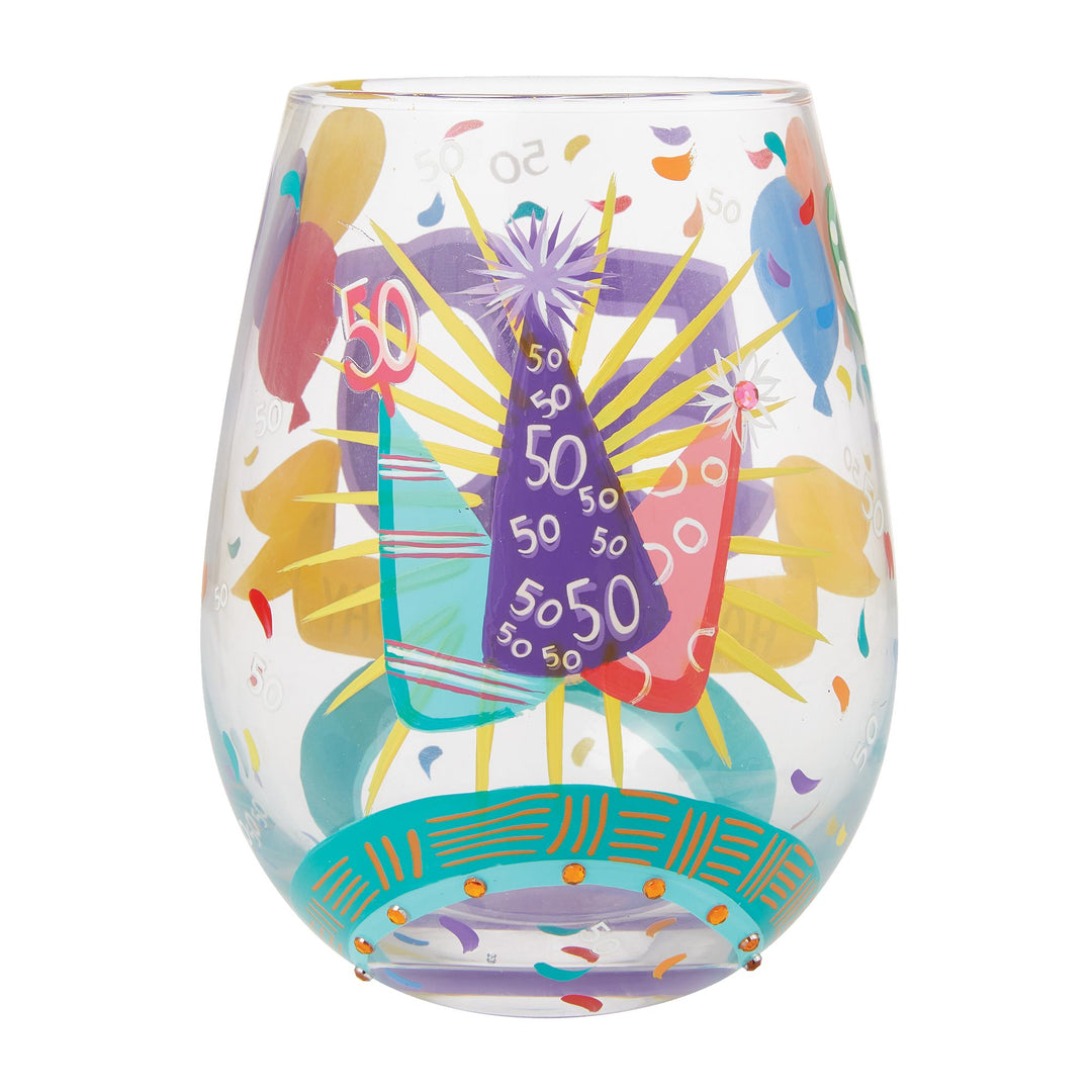 Happy 50th Birthday Hand Painted Stemless Wine Glass