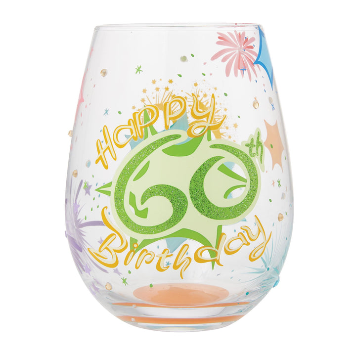 Happy 60th Birthday Hand Painted Stemless Wine Glass