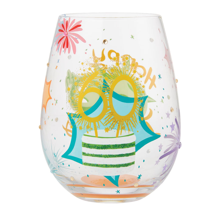 Happy 60th Birthday Hand Painted Stemless Wine Glass