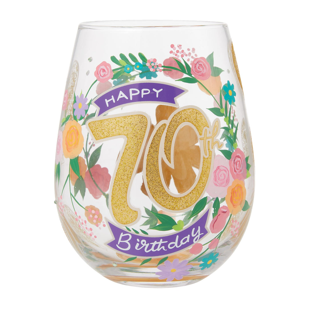 Happy 70th Birthday Hand Painted Stemless Wine Glass