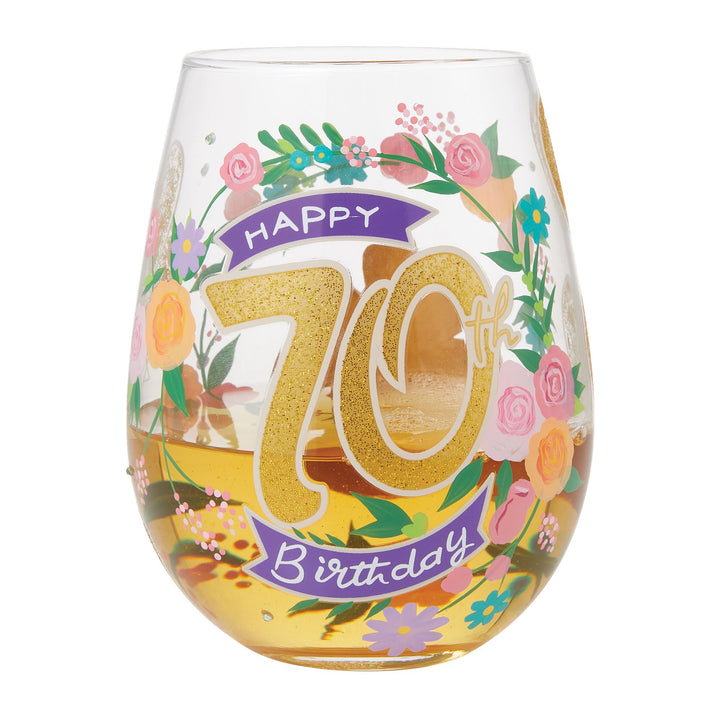 Happy 70th Birthday Hand Painted Stemless Wine Glass