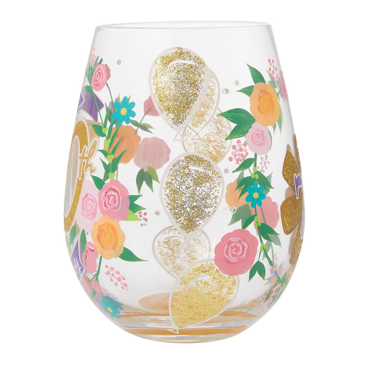 Happy 70th Birthday Hand Painted Stemless Wine Glass