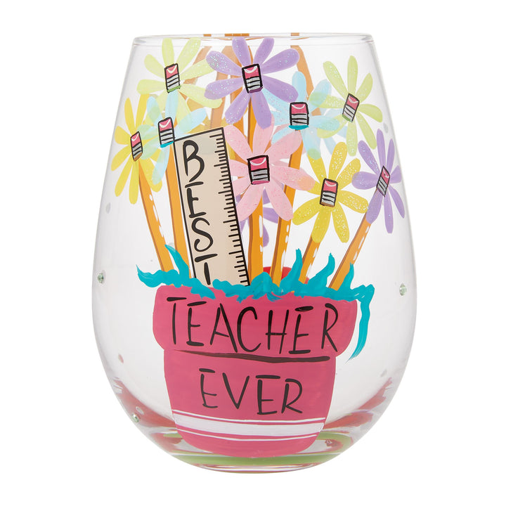 Best Teacher Ever Hand Painted Stemless Wine Glass