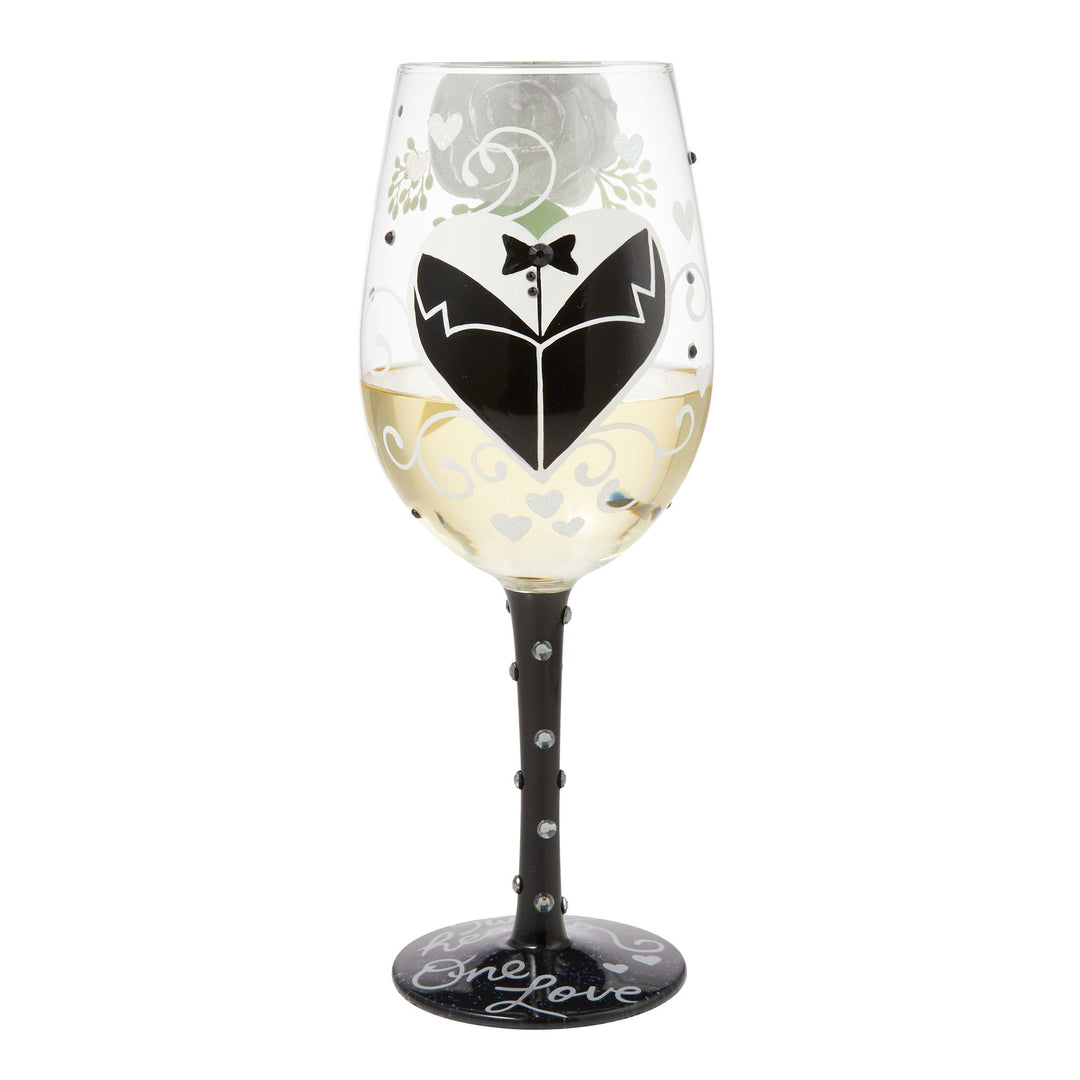 Two Hearts One Love Groom Hand Painted Wine Glass