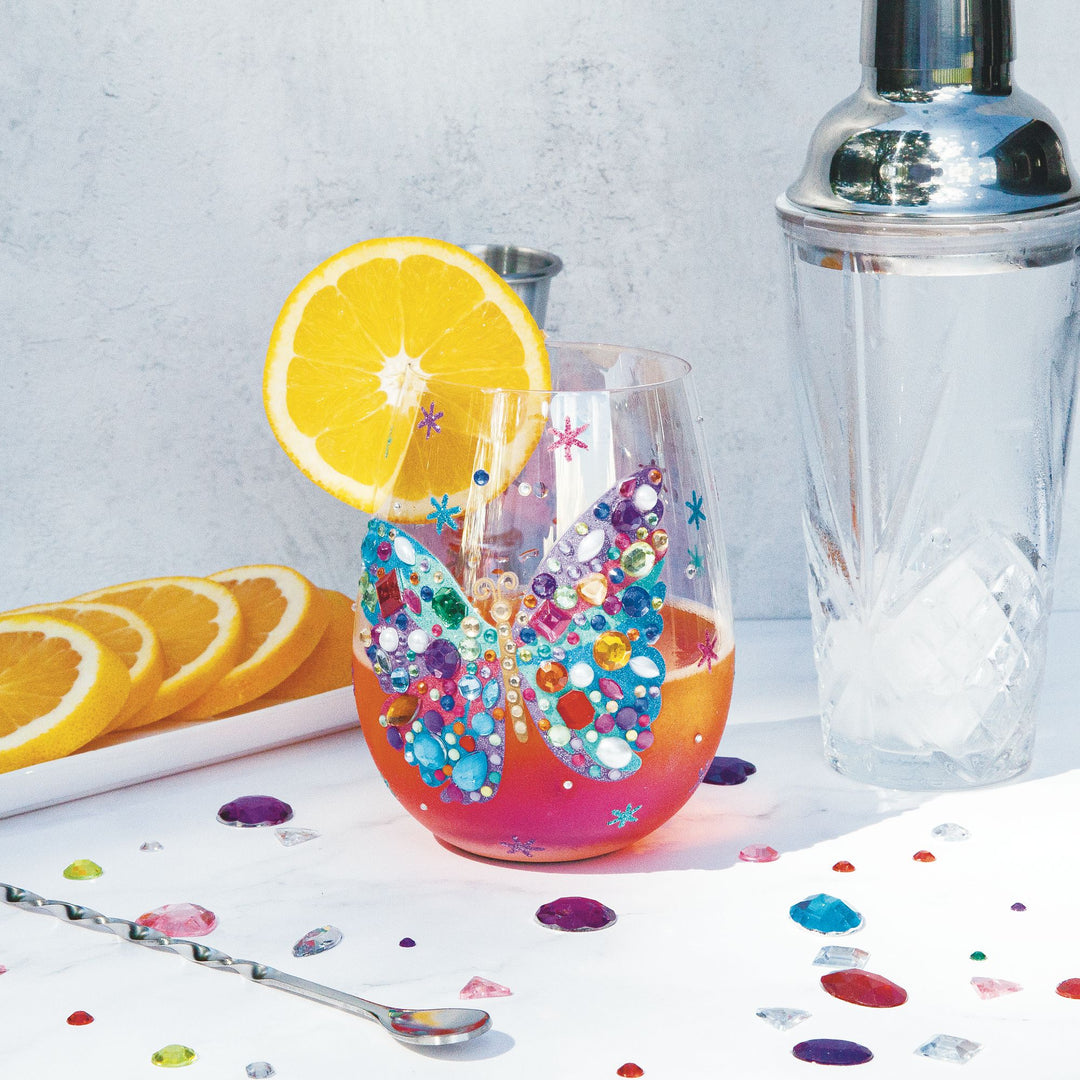 Bejeweled Butterfly Hand Painted Stemless Wine Glass