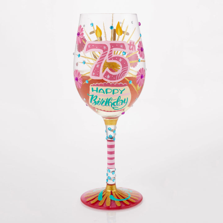 Happy 75th Birthday Hand Painted Wine Glass