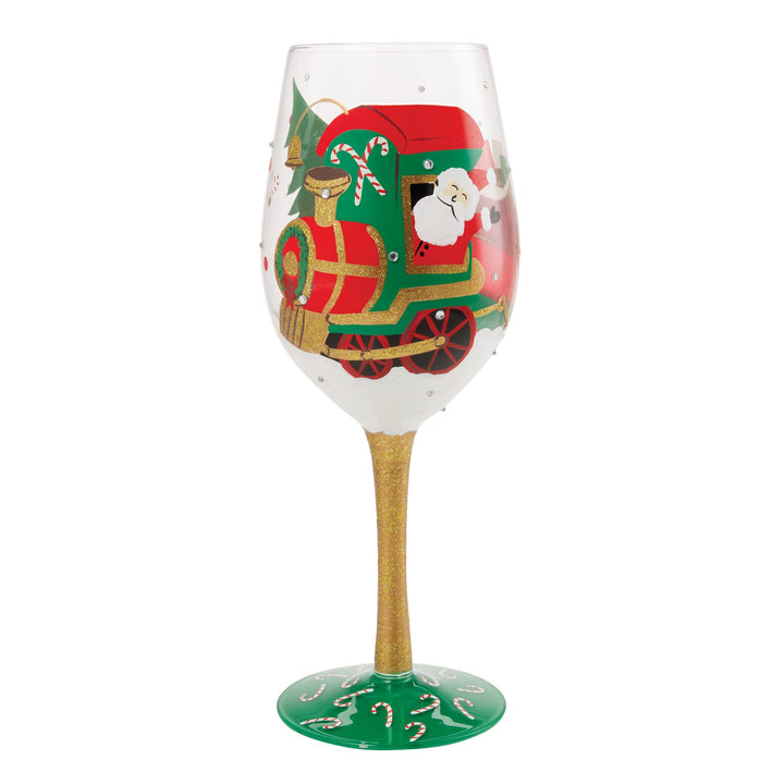 Santa's Chuggin' Along Hand Painted Wine Glass