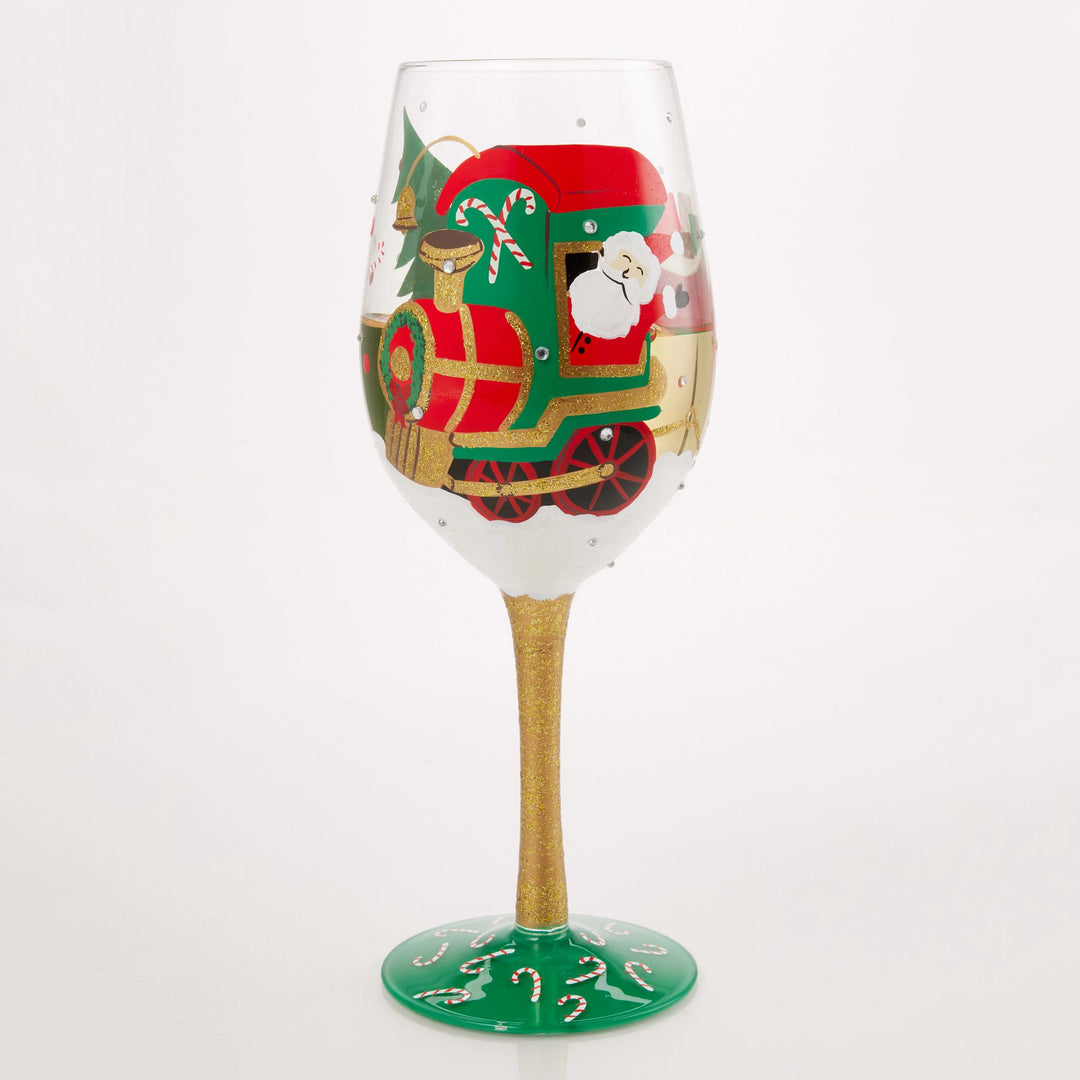 Santa's Chuggin' Along Hand Painted Wine Glass