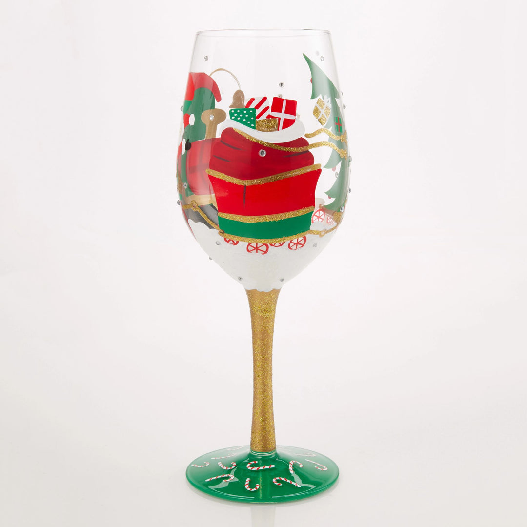 Santa's Chuggin' Along Hand Painted Wine Glass