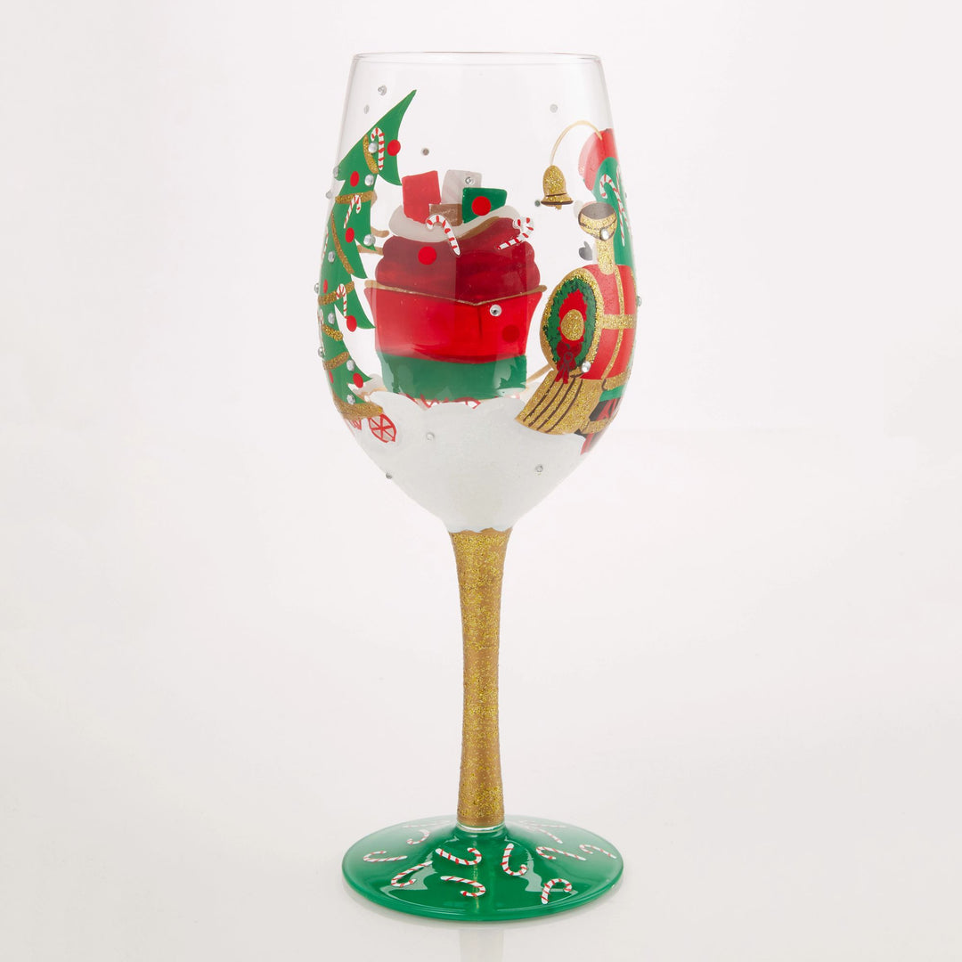 Santa's Chuggin' Along Hand Painted Wine Glass