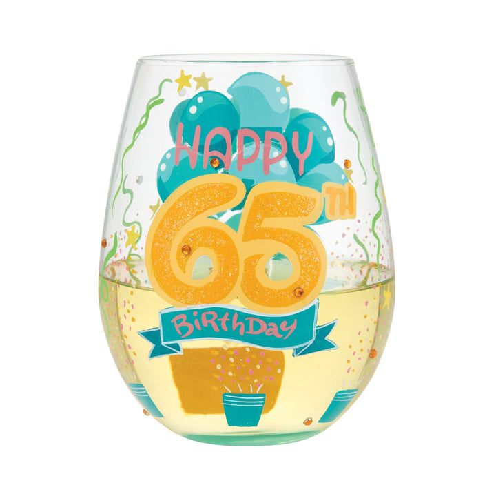 Happy 65th Birthday Hand Painted Stemless Glass