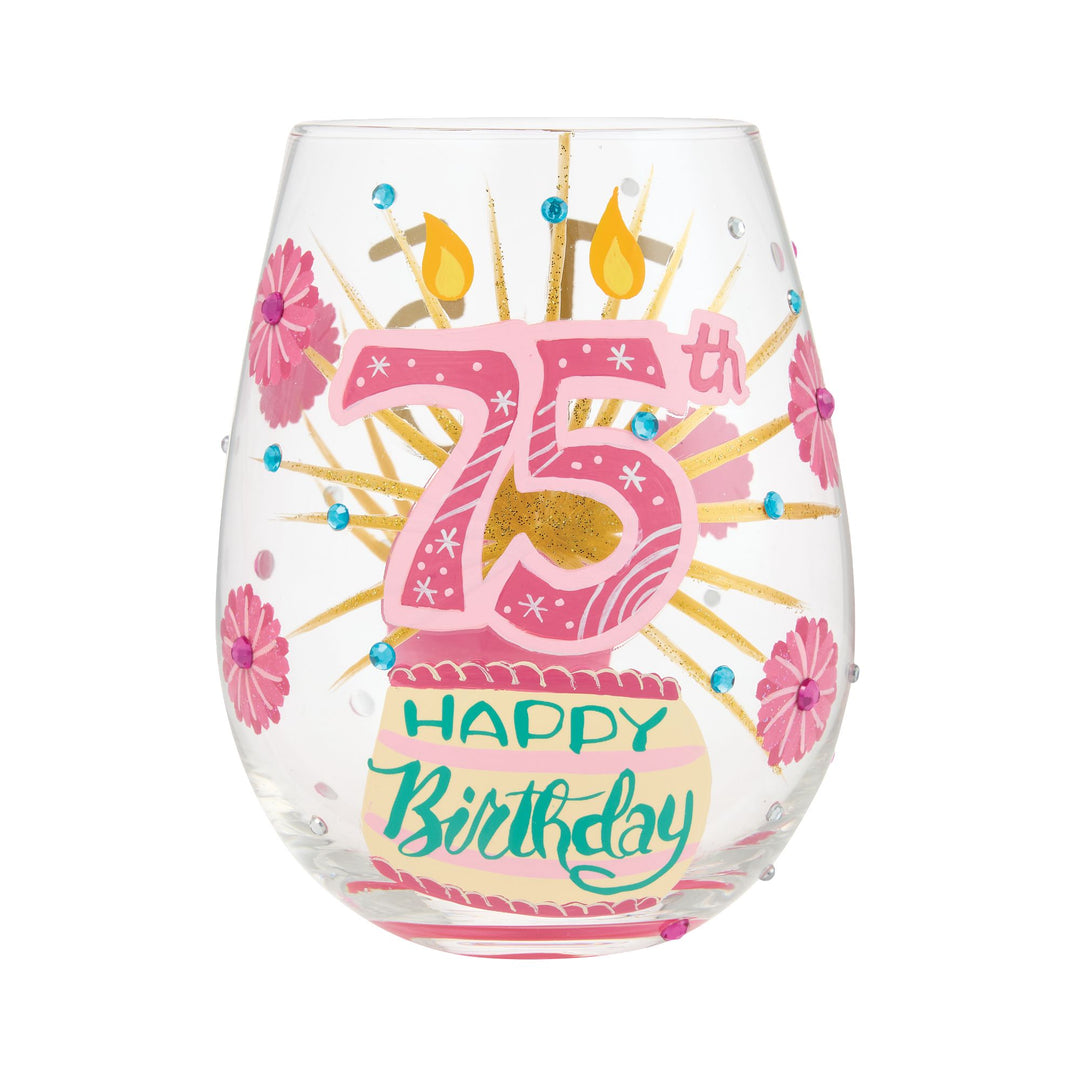 Happy 75th Birthday Hand Painted Stemless Glass