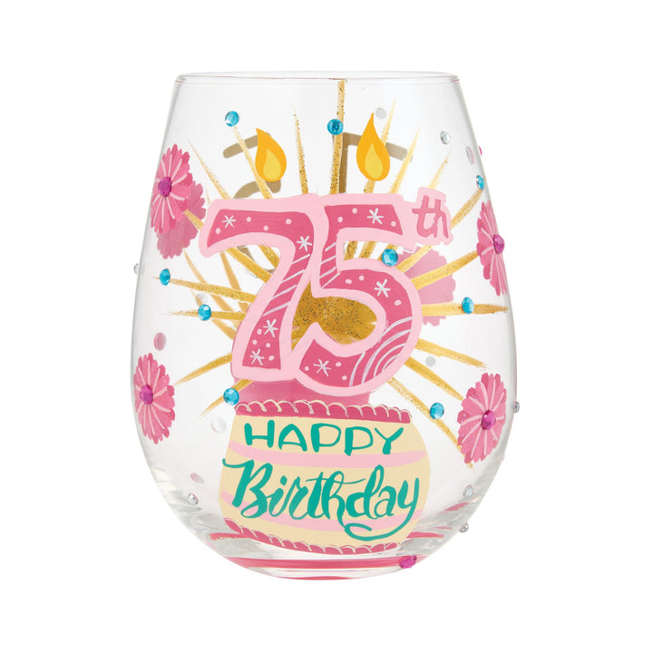 Happy 75th Birthday Hand Painted Stemless Glass