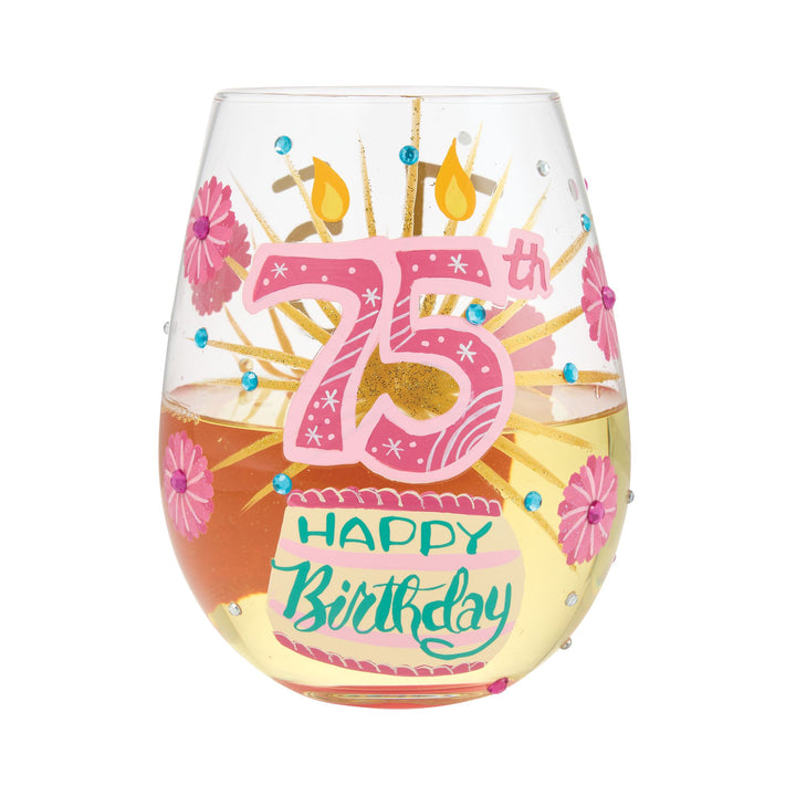 Happy 75th Birthday Hand Painted Stemless Glass
