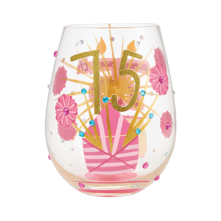 Happy 75th Birthday Hand Painted Stemless Glass