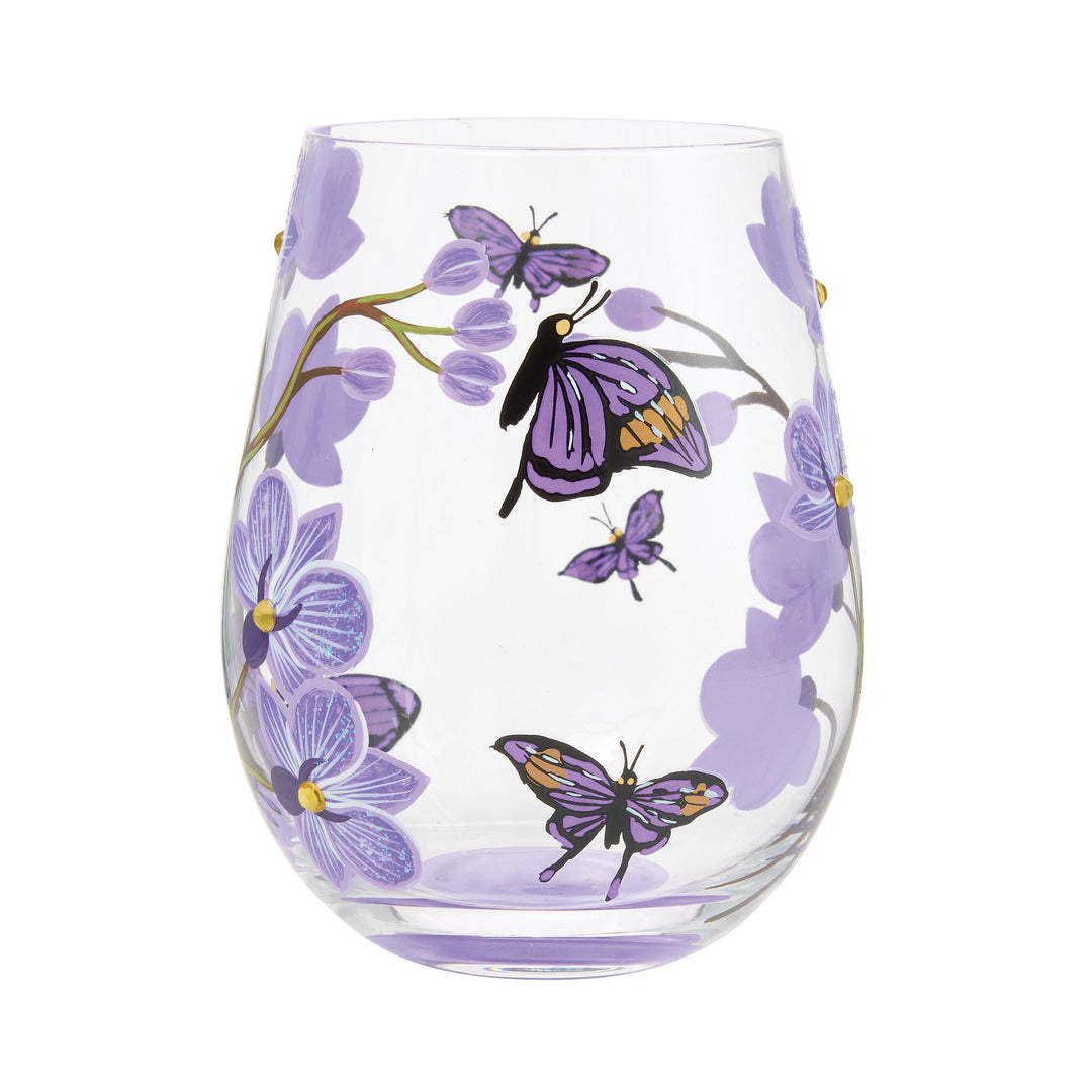 Butterfly Jubilee Hand Painted Stemless Wine Glass