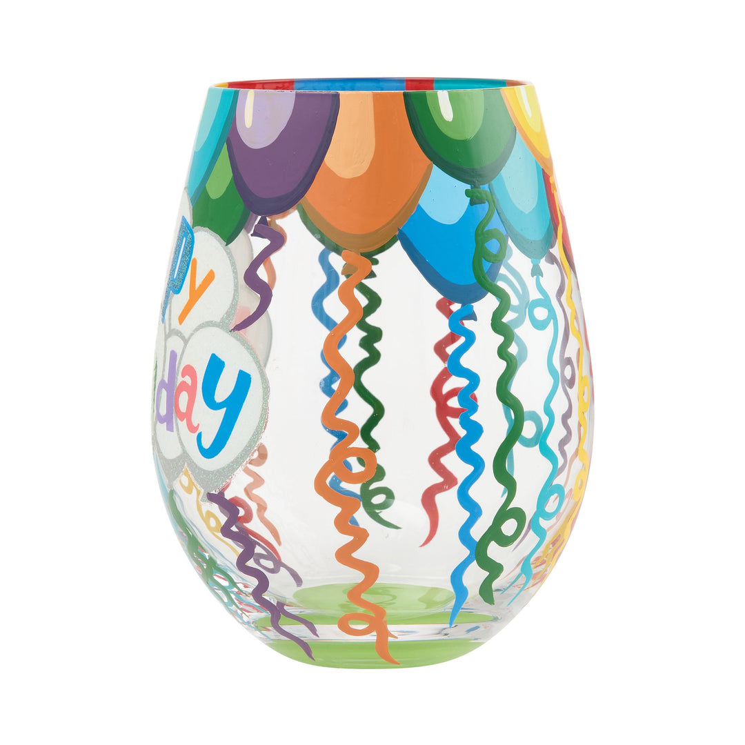 LOLITA Birthday Streamers Hand Painted Stemless Wine Glass