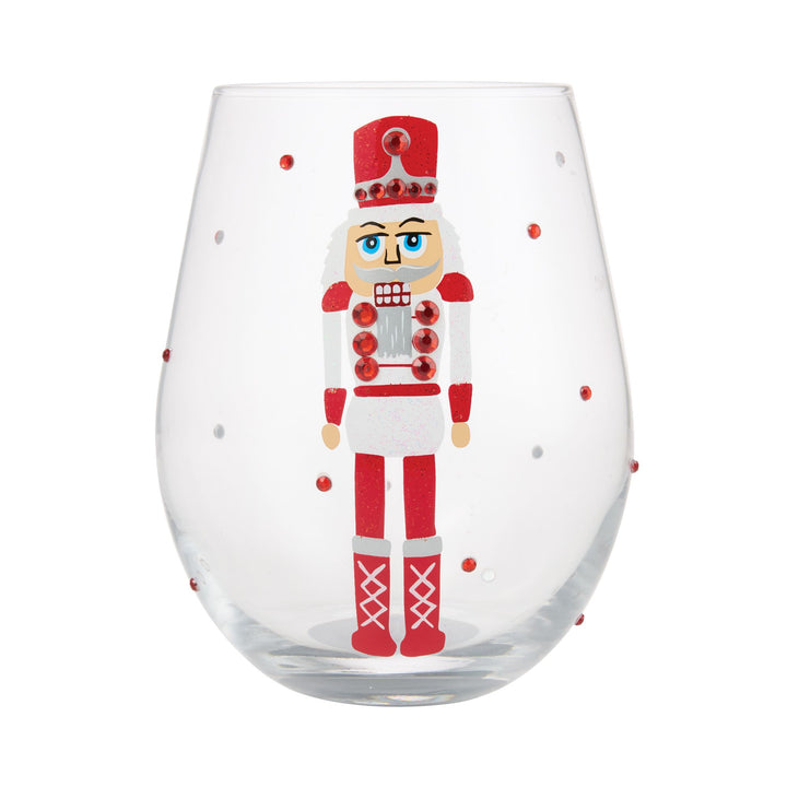 Red, White and Nutcracker Hand Painted Stemless Wine Glass