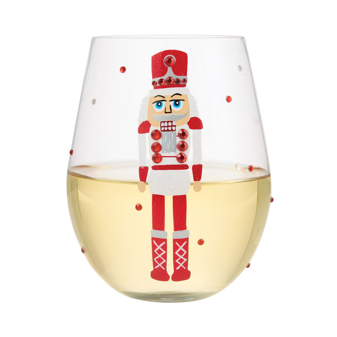 Red, White and Nutcracker Hand Painted Stemless Wine Glass