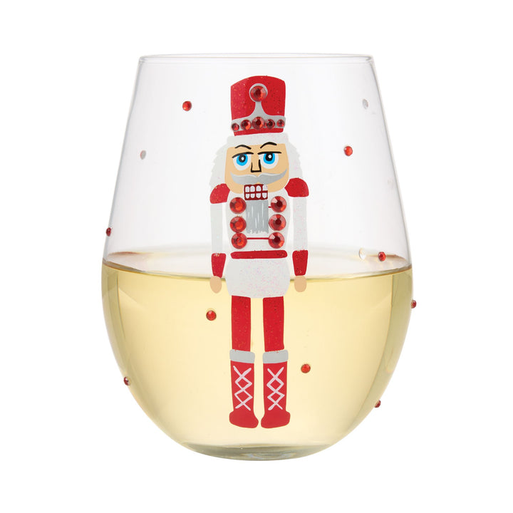 Red, White and Nutcracker Hand Painted Stemless Wine Glass