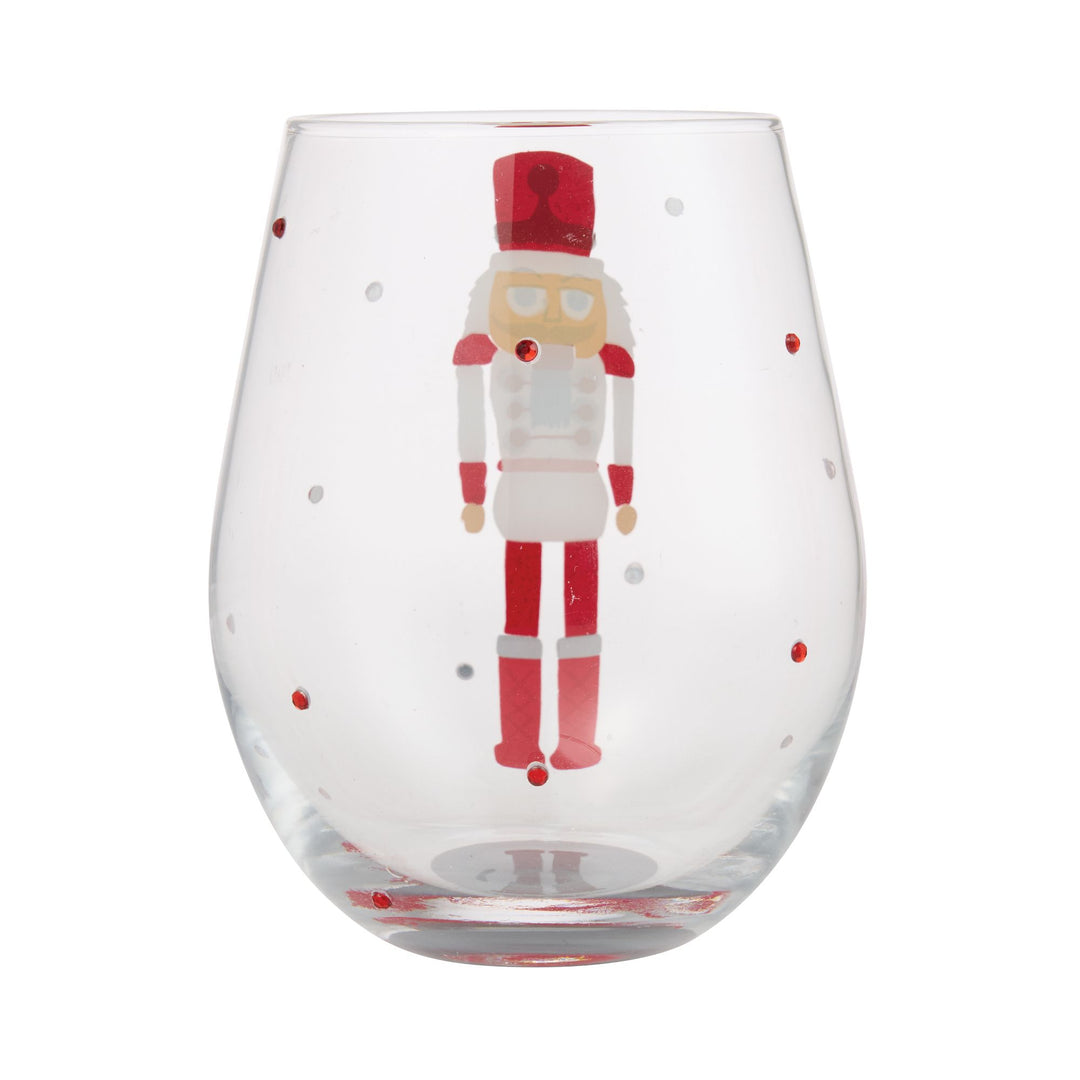 Red, White and Nutcracker Hand Painted Stemless Wine Glass