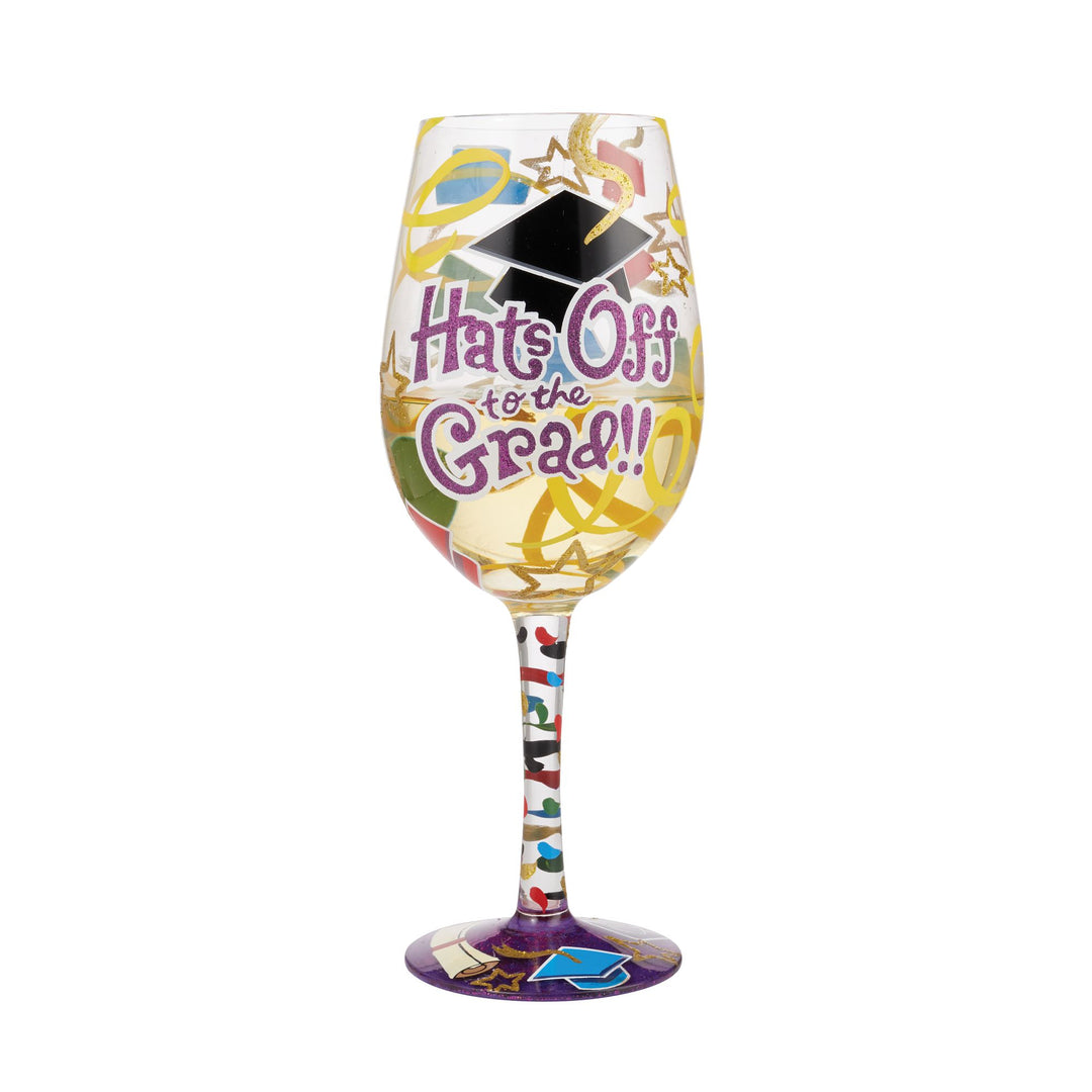 "Hats off to the Grad" Hand-Painted  Wine Glass, 15 oz.